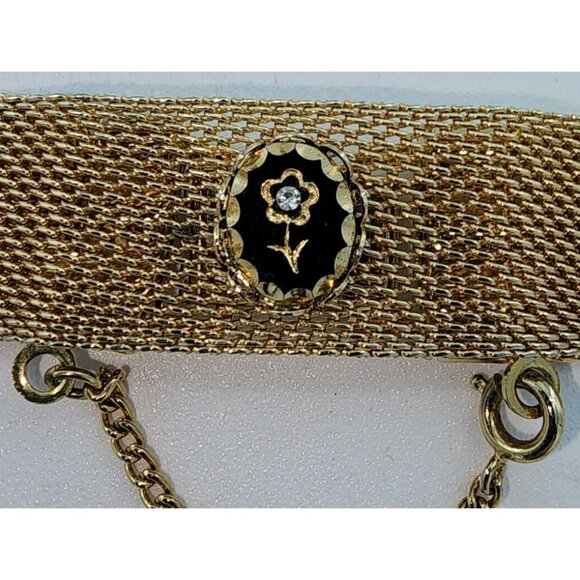Unbranded Gold Tone Mesh Bracelet w/ Safety Chain Black Flower Cameo Rhinestone - Picture 5 of 8